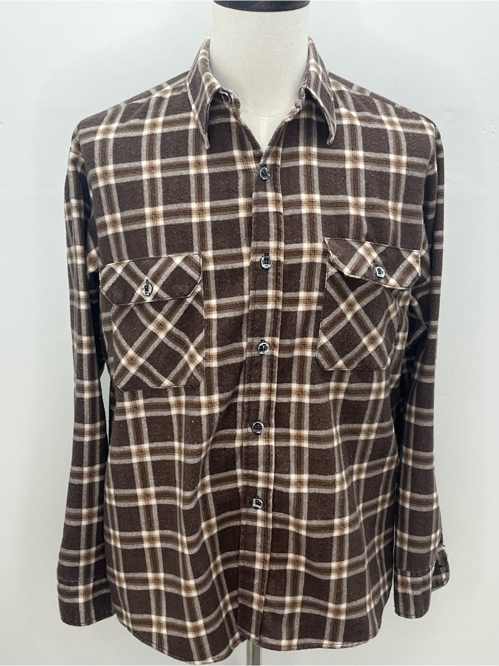 Sears Perma-Prest Vintage Brown Plaid Long Sleeve Button Up Flannel Shirt Large